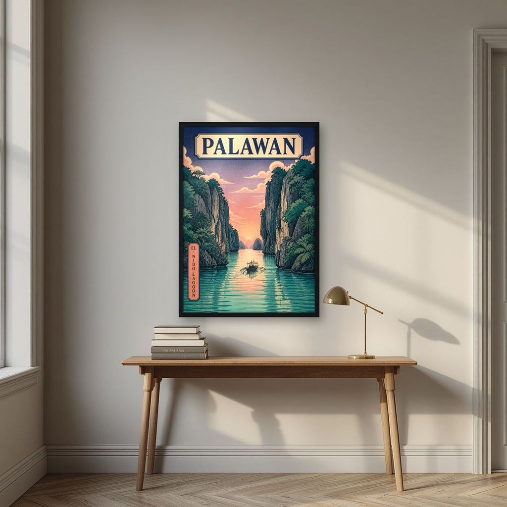 Takipsilim sa El Nido — Palawan art print, in a black frame, styled in a desk