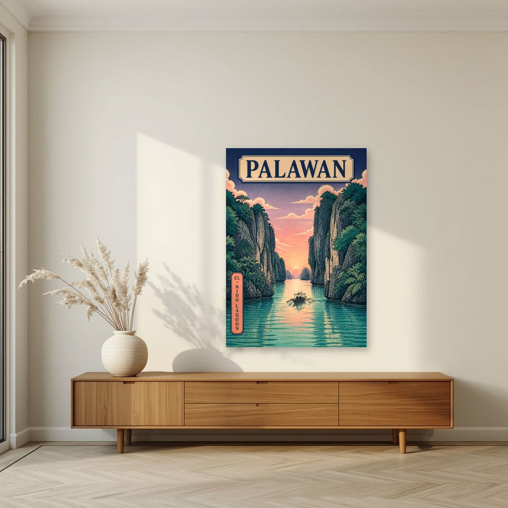 Takipsilim sa El Nido — Palawan art print, unframed poster, styled in a living room