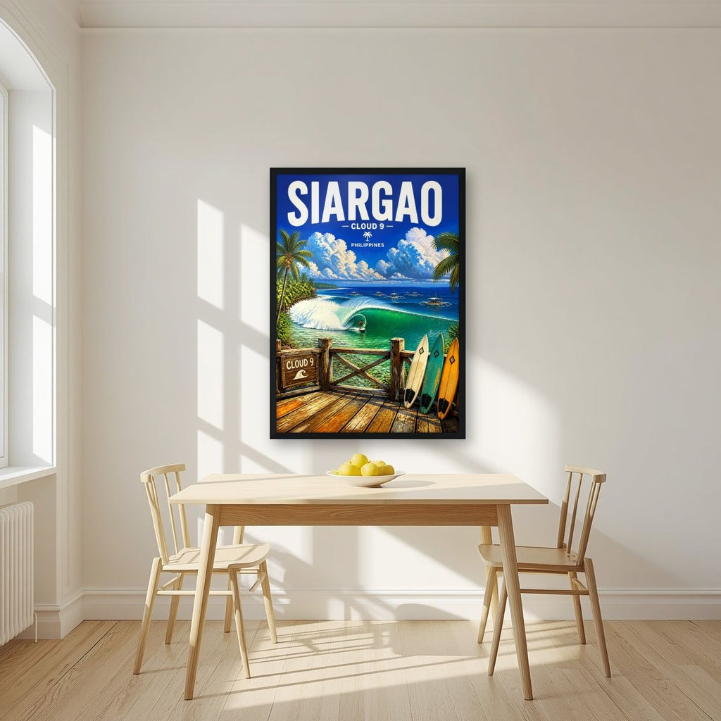 Boardwalk Break — Siargao art print, in a black frame, styled in a kitchen