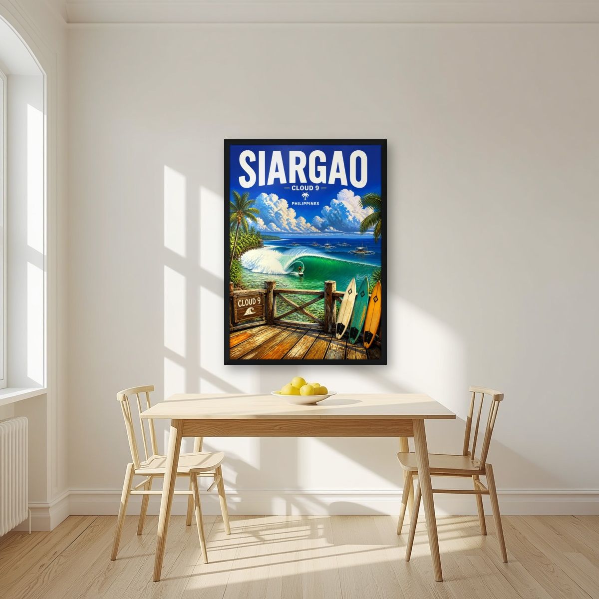 Boardwalk Break — Siargao art print, in a black frame, styled in a kitchen