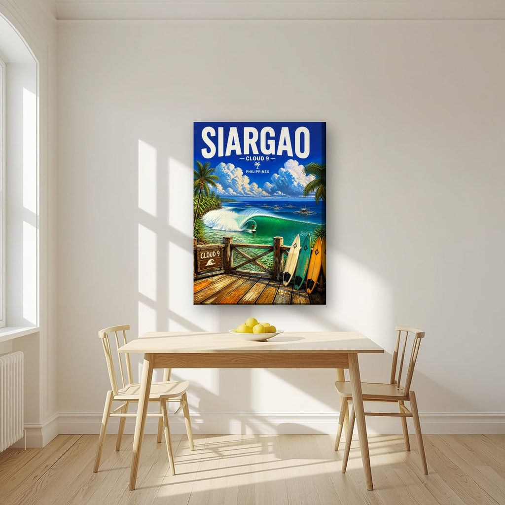 Boardwalk Break — Siargao art print, on slim canvas, styled in a kitchen