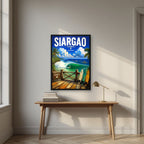 Boardwalk Break — Siargao art print, in a black frame, styled in a desk