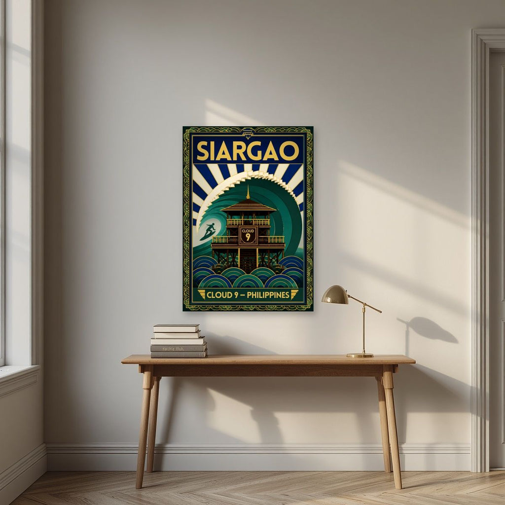 Cloud Nine Tower — Siargao art print, unframed poster, styled in a desk