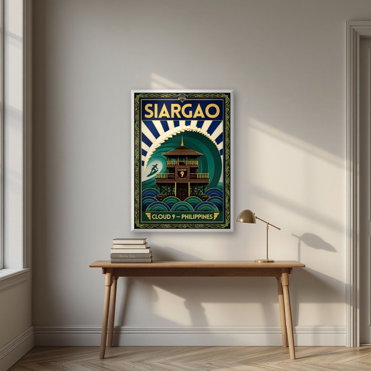 Cloud Nine Tower — Siargao art print, in a white frame, styled in a desk