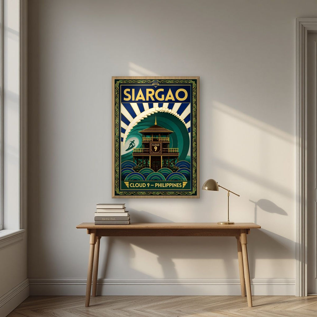 Cloud Nine Tower — Siargao art print, in an oak frame, styled in a desk