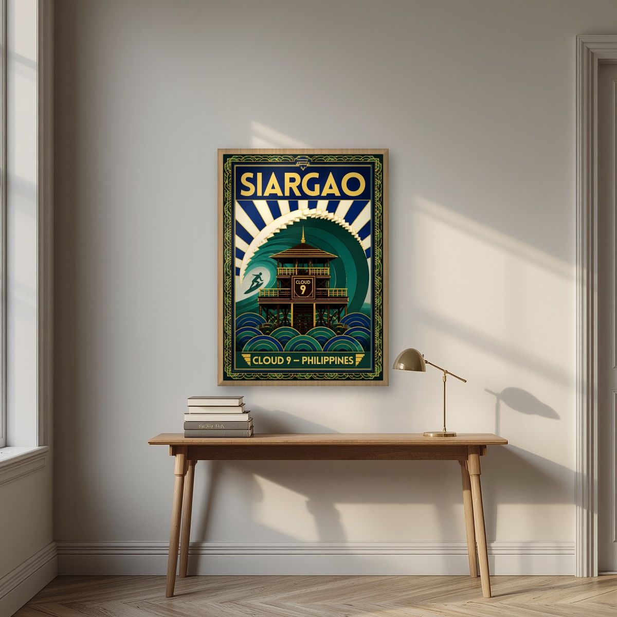 Cloud Nine Tower — Siargao art print, in an oak frame, styled in a desk