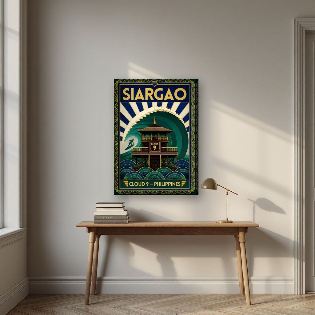 Cloud Nine Tower — Siargao art print, on slim canvas, styled in a desk