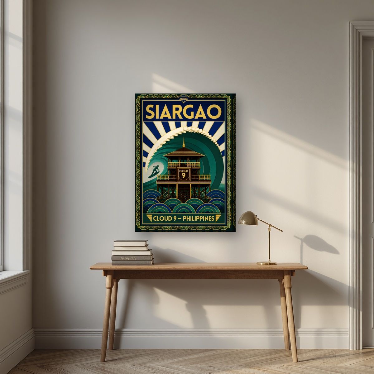 Cloud Nine Tower — Siargao art print, on slim canvas, styled in a desk