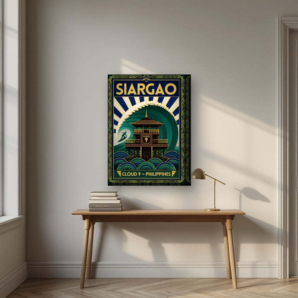 Cloud Nine Tower — Siargao art print, on thick canvas, styled in a desk