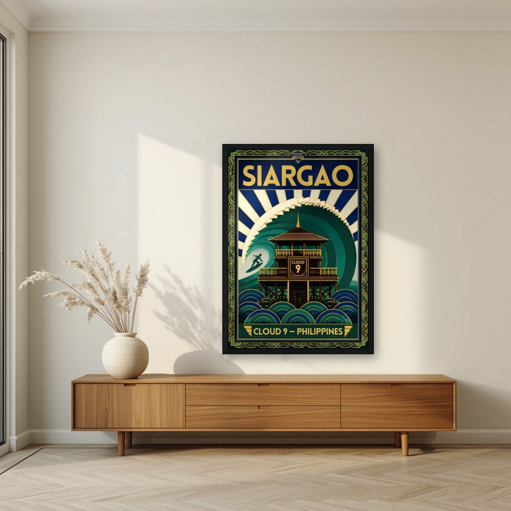 Cloud Nine Tower — Siargao art print, in a black frame, styled in a living room