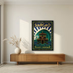 Cloud Nine Tower — Siargao art print, in a black frame, styled in a living room
