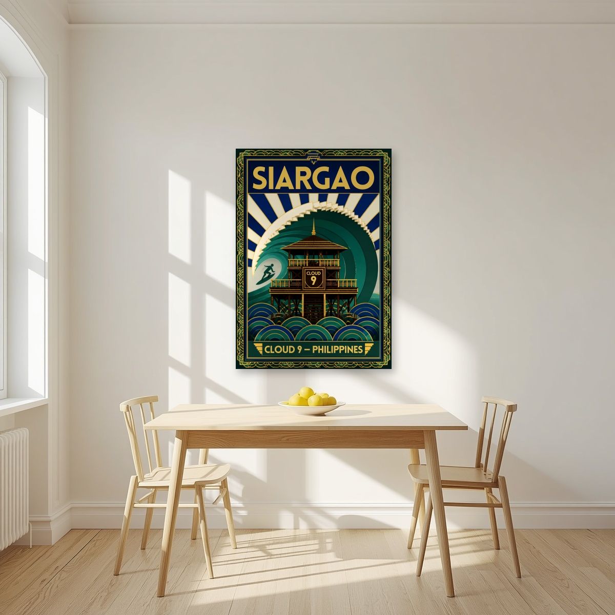 Cloud Nine Tower — Siargao art print, unframed poster, styled in a kitchen