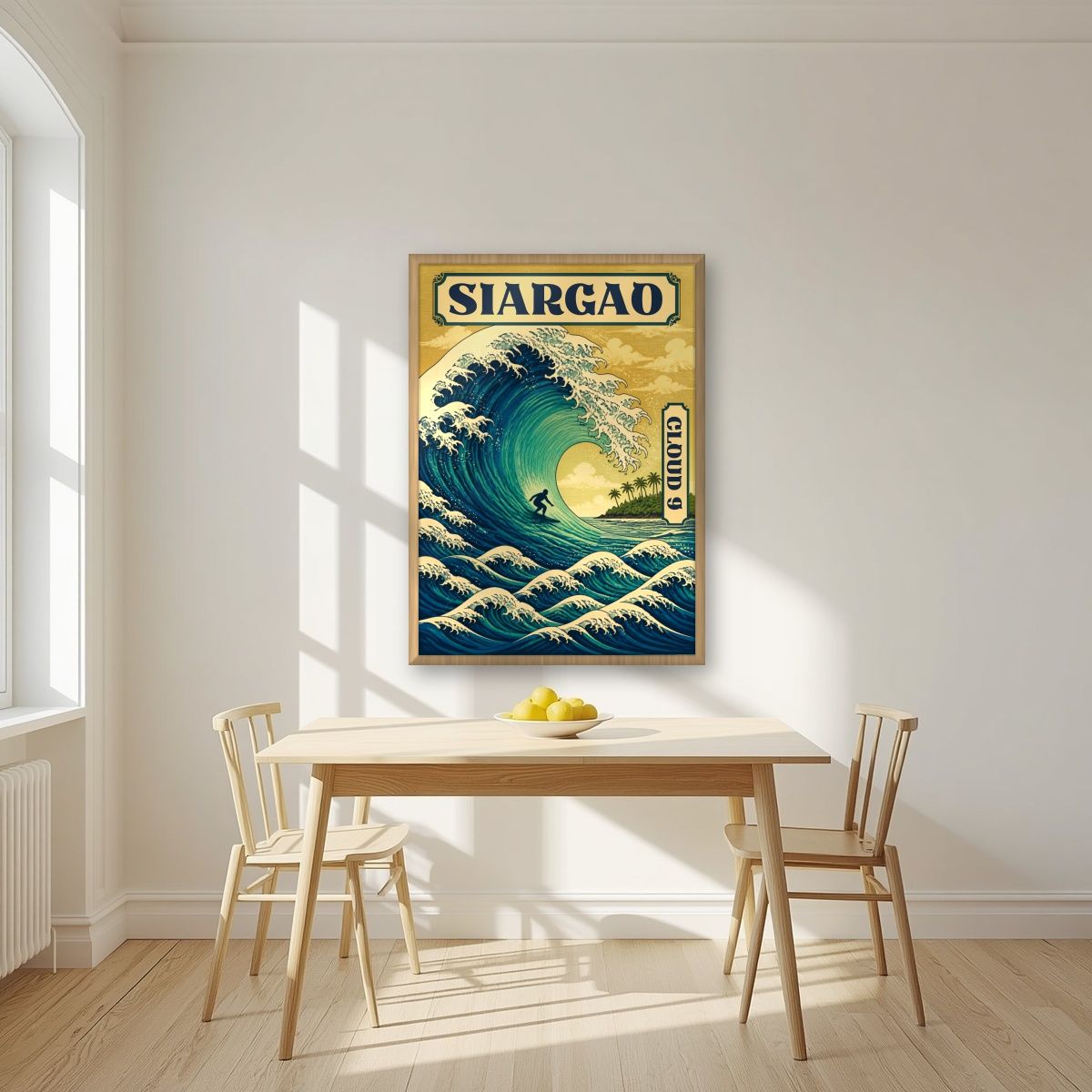 Dakilang Alon — Siargao art print, in an oak frame, styled in a kitchen