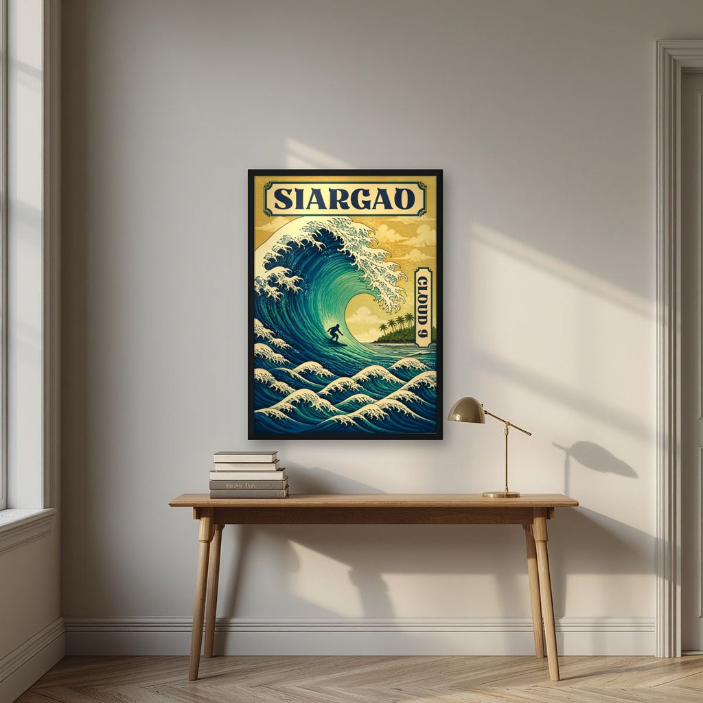 Dakilang Alon — Siargao art print, in a black frame, styled in a desk