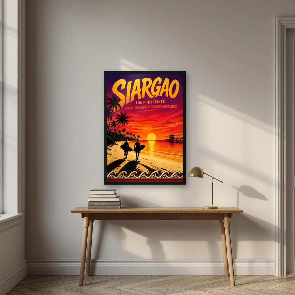 Endless Summer — Siargao art print, in a black frame, styled in a desk