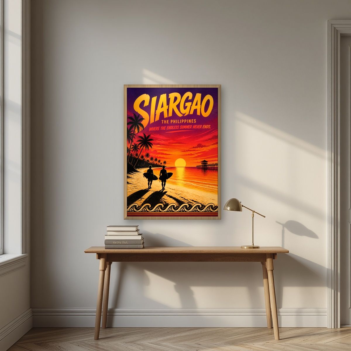 Endless Summer — Siargao art print, in an oak frame, styled in a desk