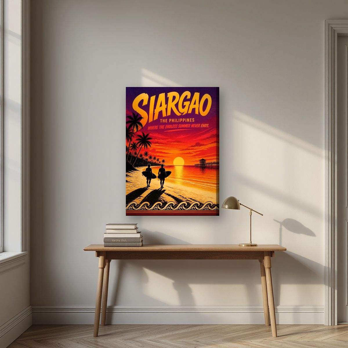 Endless Summer — Siargao art print, on slim canvas, styled in a desk