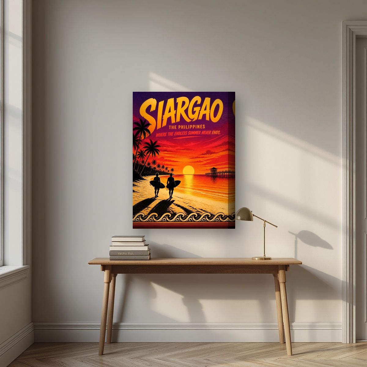 Endless Summer — Siargao art print, on thick canvas, styled in a desk