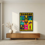 Isla Icons — Siargao art print, in a black frame, styled in a living room