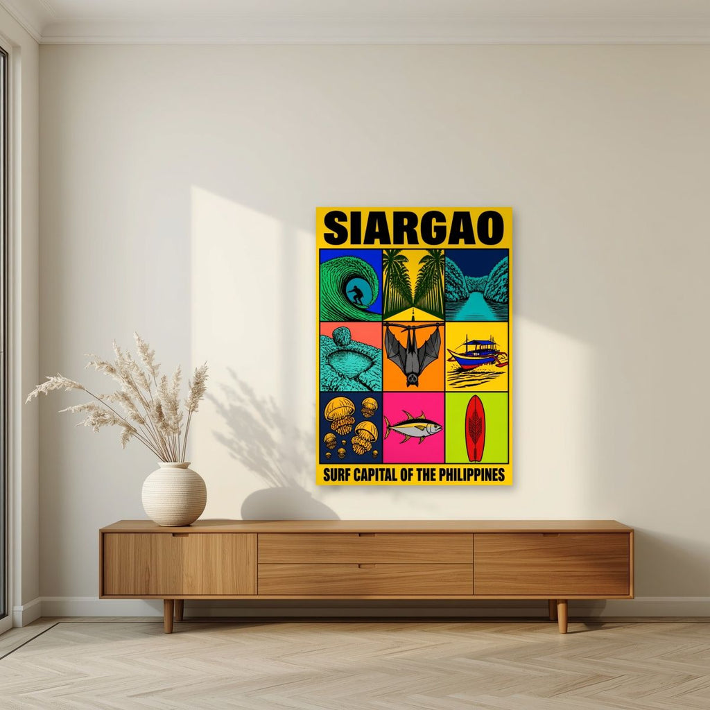 Isla Icons — Siargao art print, unframed poster, styled in a living room