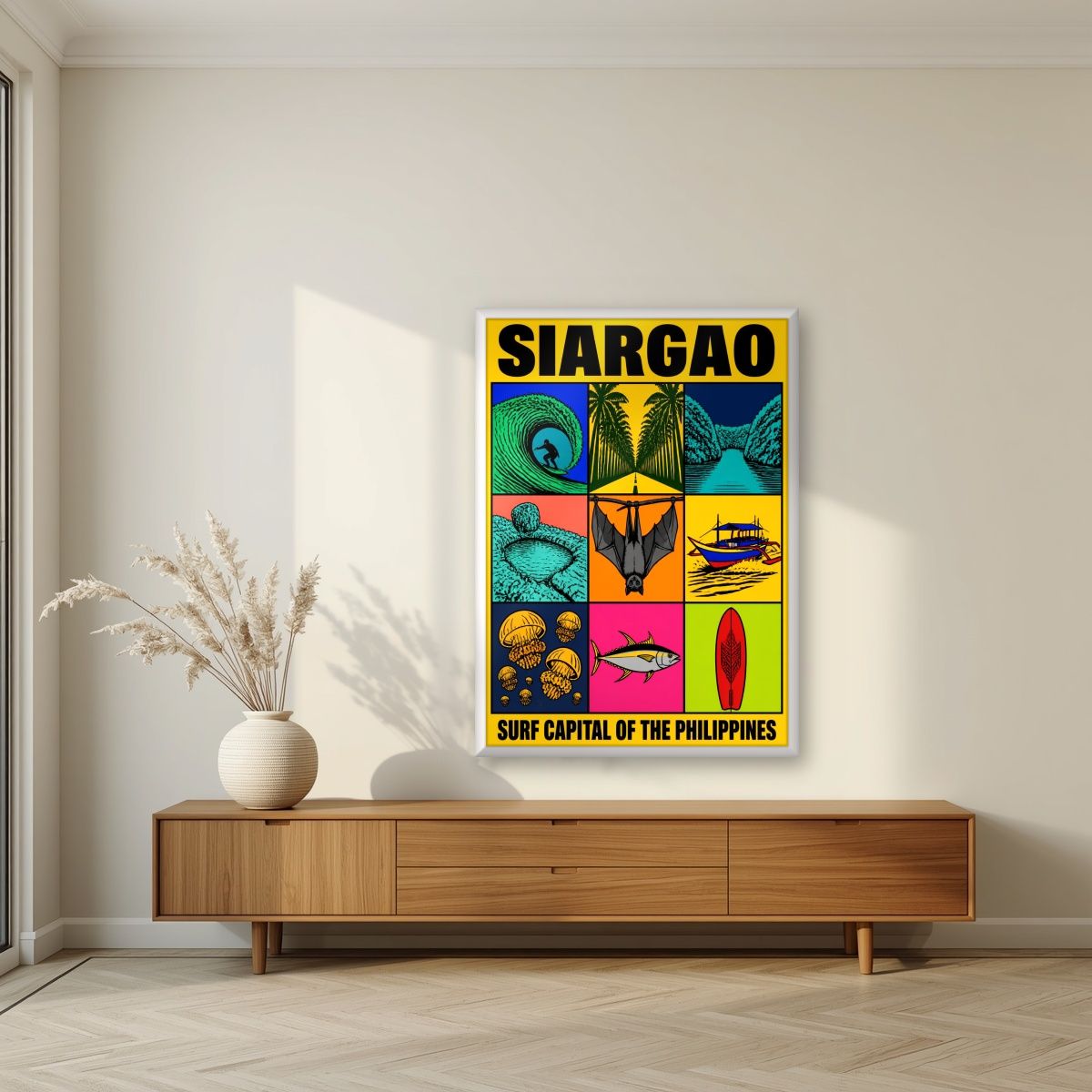 Isla Icons — Siargao art print, in a white frame, styled in a living room