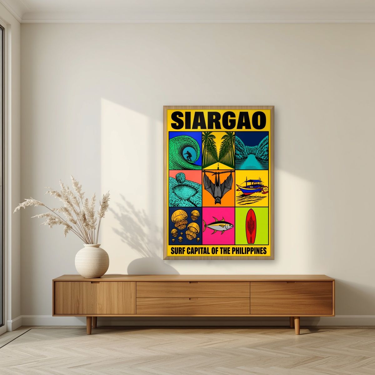 Isla Icons — Siargao art print, in an oak frame, styled in a living room