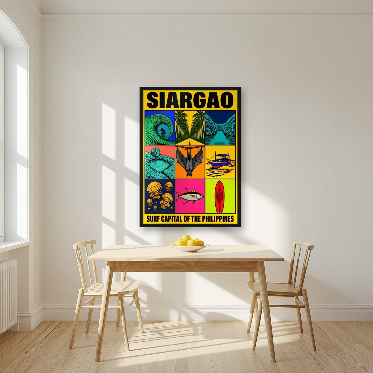 Isla Icons — Siargao art print, in a black frame, styled in a kitchen
