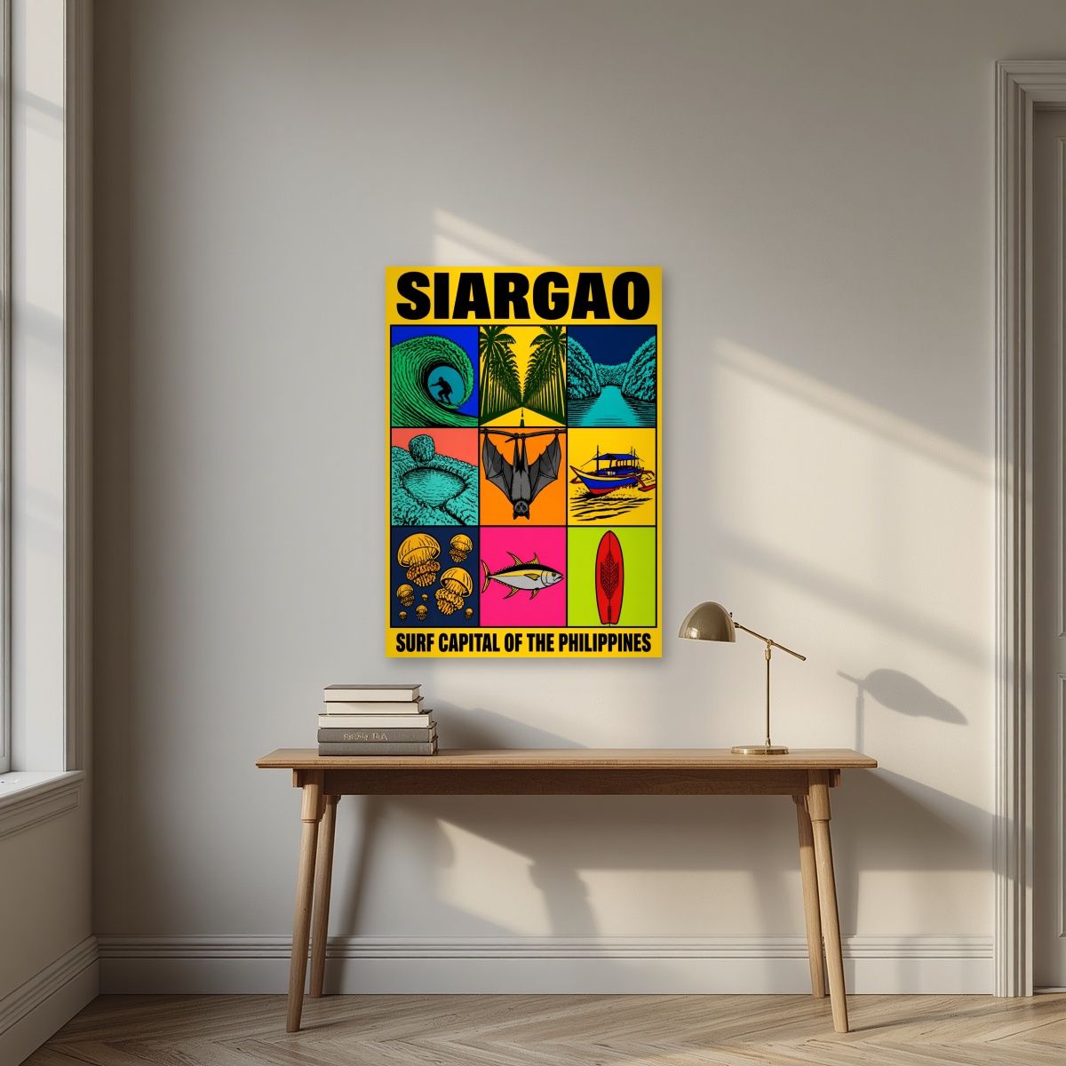 Isla Icons — Siargao art print, unframed poster, styled in a desk