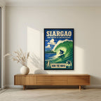 Sakay sa Alon — Siargao art print, in a black frame, styled in a living room