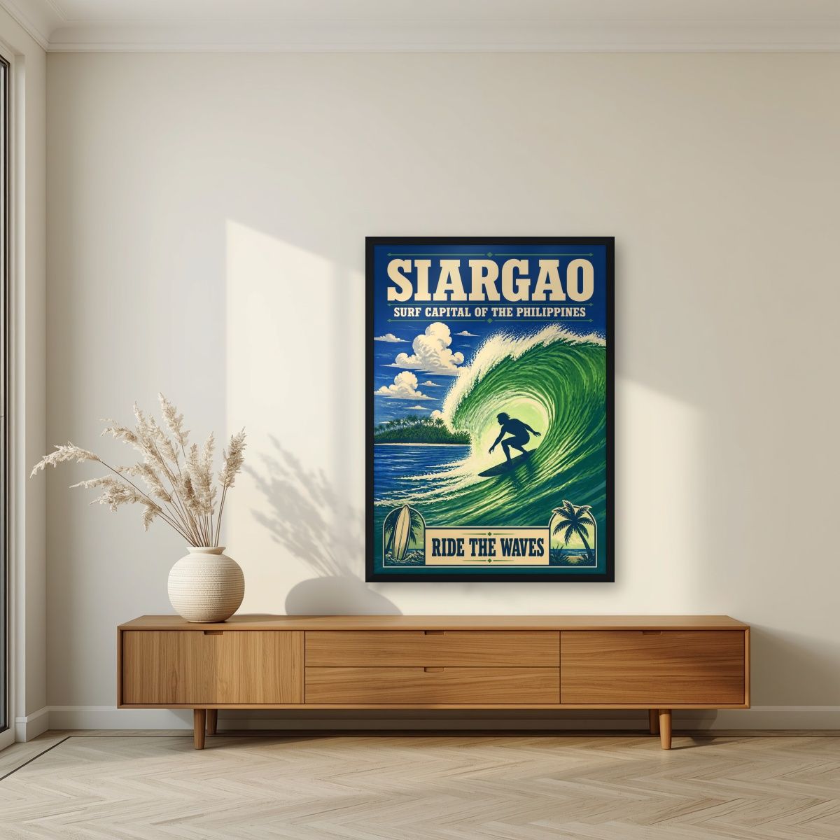 Sakay sa Alon — Siargao art print, in a black frame, styled in a living room