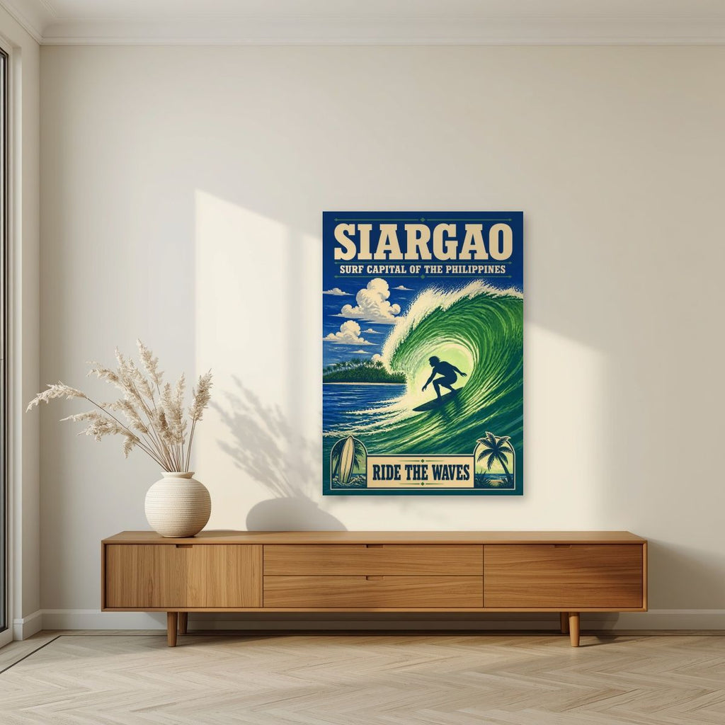 Sakay sa Alon — Siargao art print, unframed poster, styled in a living room