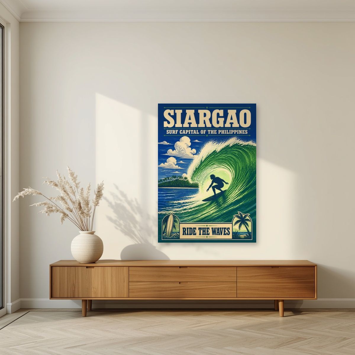 Sakay sa Alon — Siargao art print, unframed poster, styled in a living room
