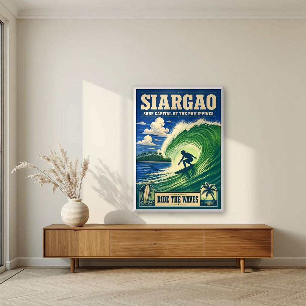 Sakay sa Alon — Siargao art print, in a white frame, styled in a living room