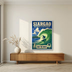 Sakay sa Alon — Siargao art print, in a white frame, styled in a living room