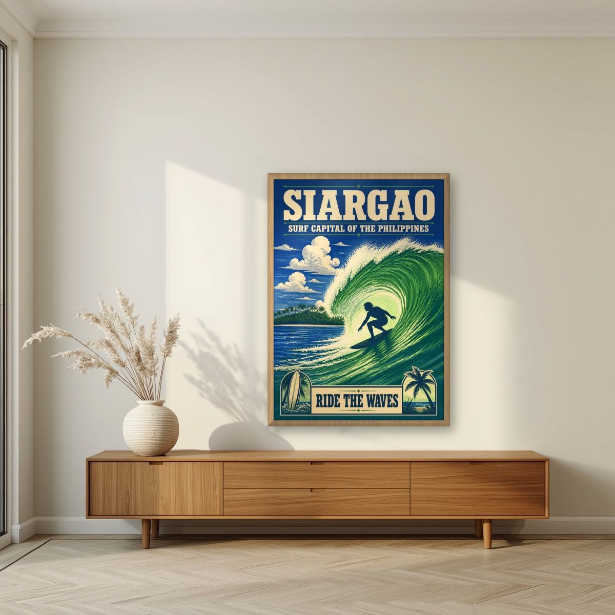 Sakay sa Alon — Siargao art print, in an oak frame, styled in a living room
