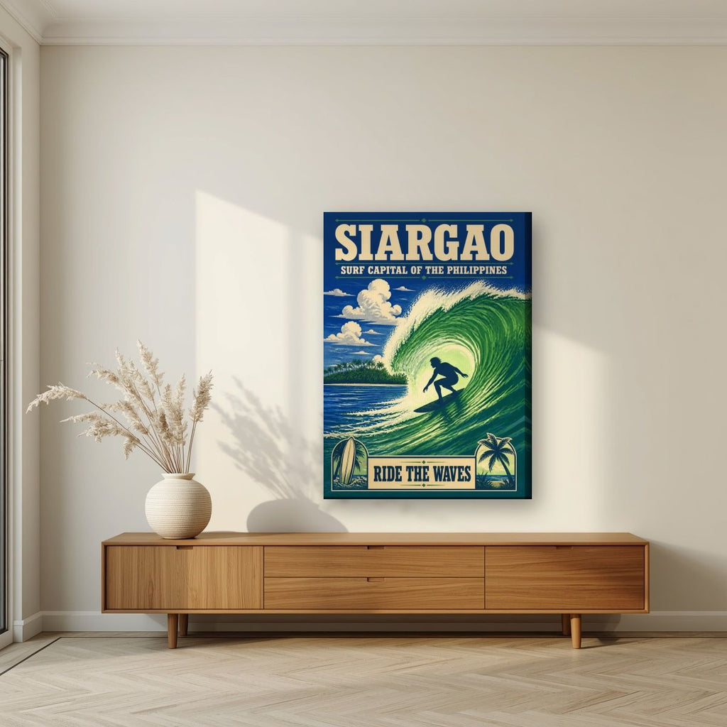 Sakay sa Alon — Siargao art print, on slim canvas, styled in a living room