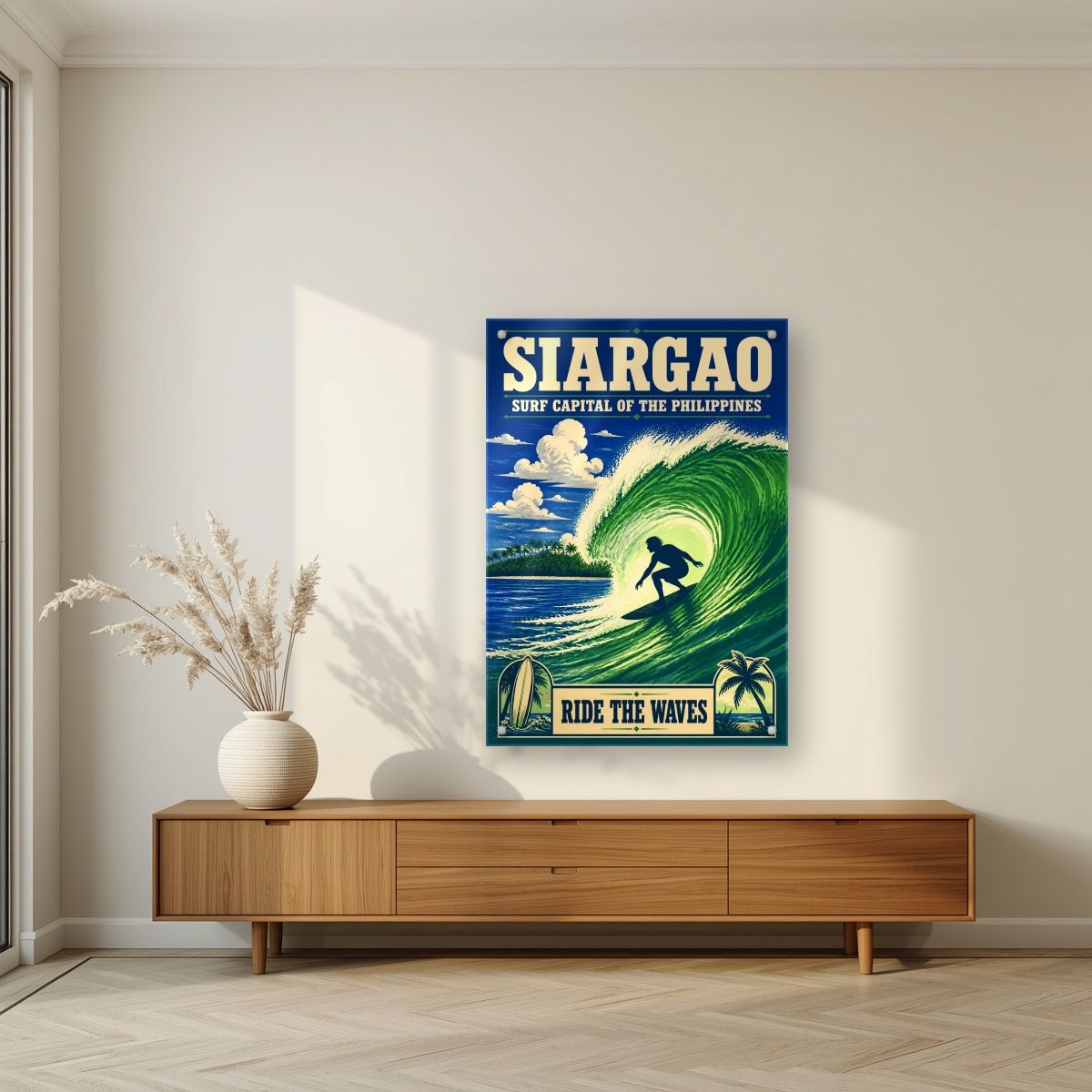 Sakay sa Alon — Siargao art print, as an acrylic print, styled in a living room