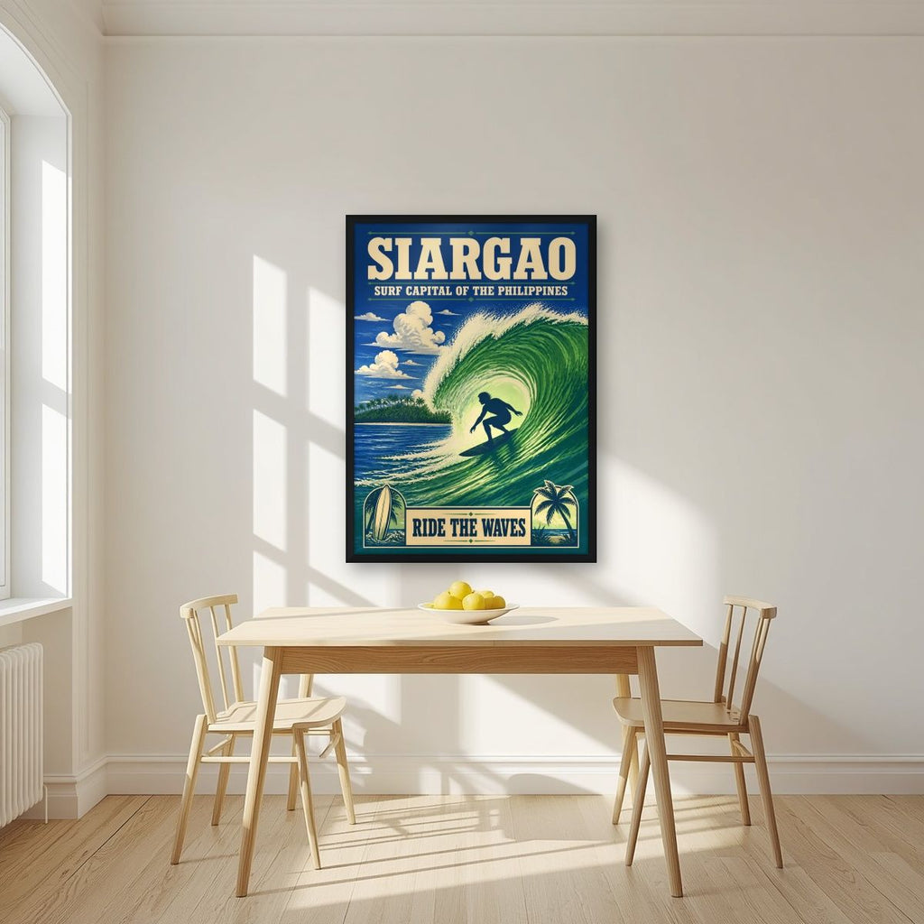 Sakay sa Alon — Siargao art print, in a black frame, styled in a kitchen