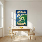 Sakay sa Alon — Siargao art print, in a black frame, styled in a kitchen