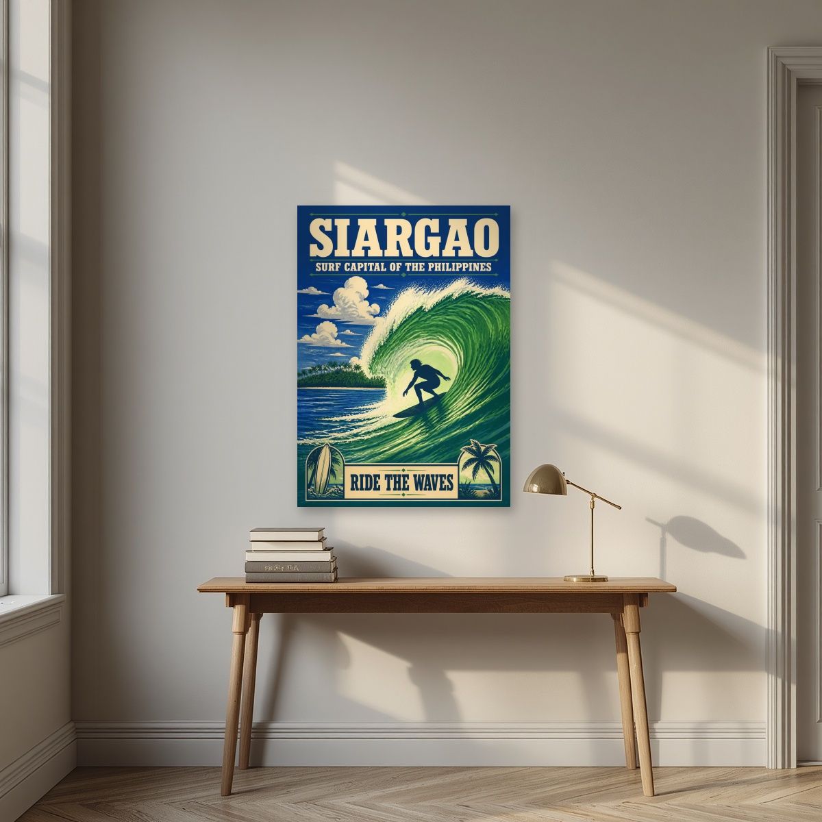 Sakay sa Alon — Siargao art print, unframed poster, styled in a desk
