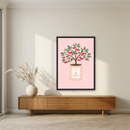 Cherry Tree — Fruit Trees art print, in a black frame, styled in a living room