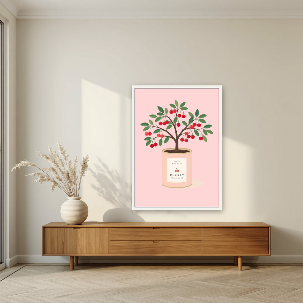 Cherry Tree — Fruit Trees art print, in a white frame, styled in a living room