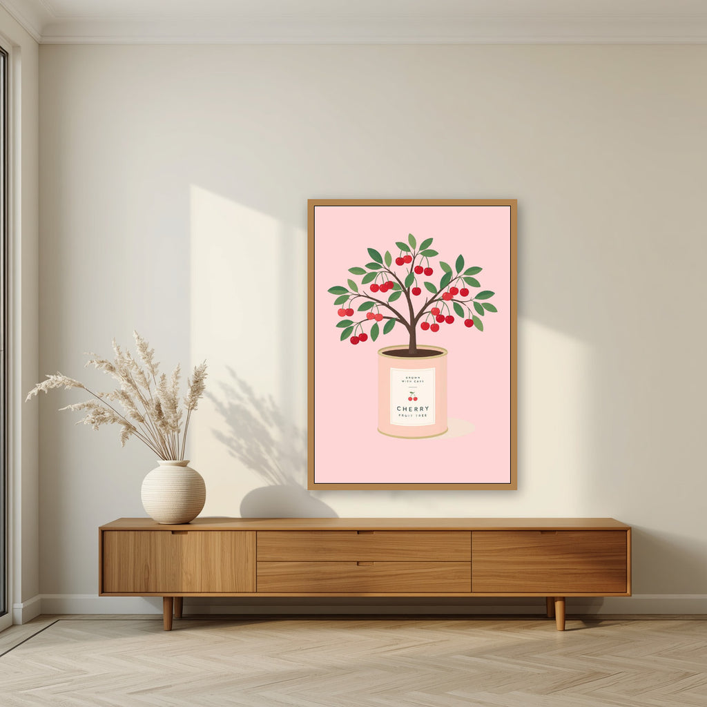 Cherry Tree — Fruit Trees art print, in an oak frame, styled in a living room