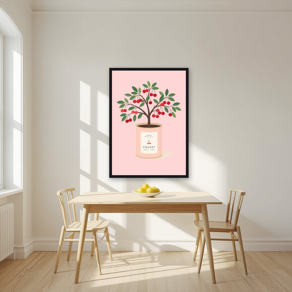 Cherry Tree — Fruit Trees art print, in a black frame, styled in a kitchen