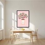 Cherry Tree — Fruit Trees art print, in a black frame, styled in a kitchen