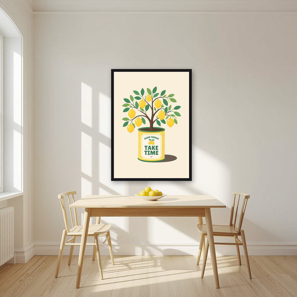 Lemon Tree — Fruit Trees art print, in a black frame, styled in a kitchen