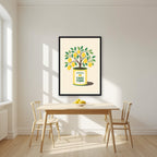 Lemon Tree — Fruit Trees art print, in a black frame, styled in a kitchen