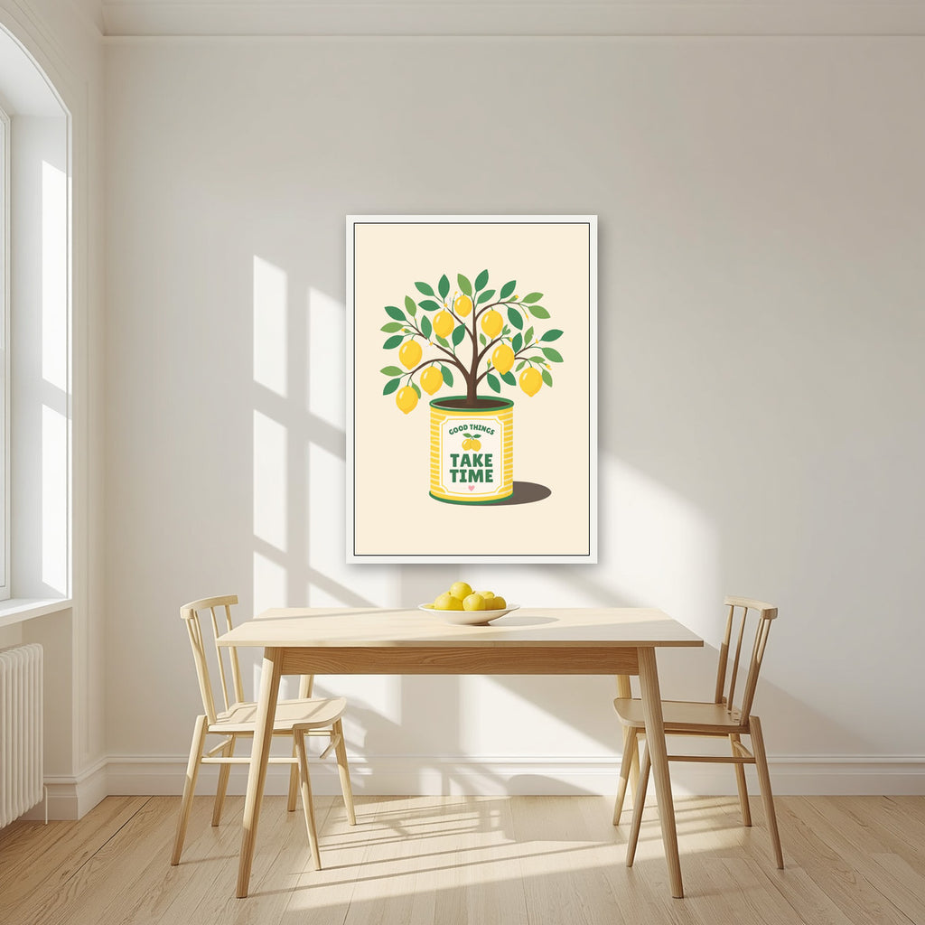 Lemon Tree — Fruit Trees art print, in a white frame, styled in a kitchen