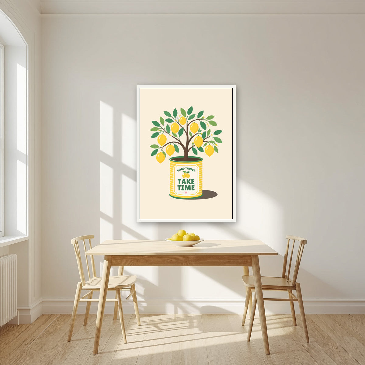 Lemon Tree — Fruit Trees art print, in a white frame, styled in a kitchen