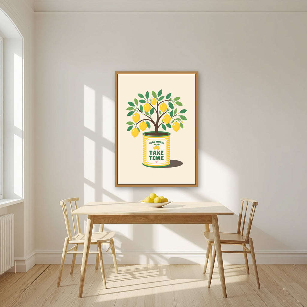 Lemon Tree — Fruit Trees art print, in an oak frame, styled in a kitchen